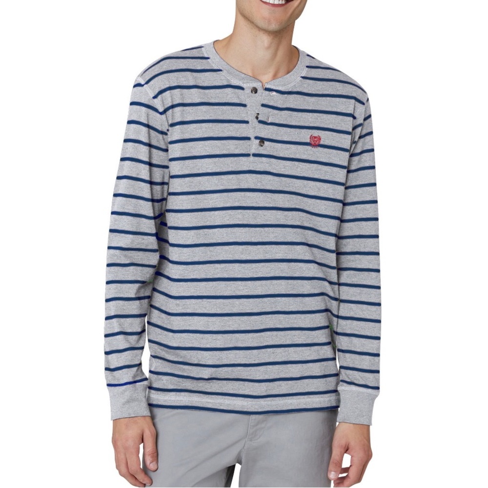 CHAPS Mens Long Sleeved T-Shirt Size Small Gray Navy Stripe Longer Length New